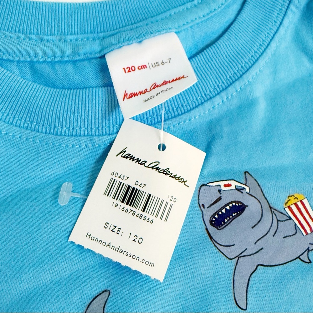 HANNA ANDERSSON 3D GLASSES POPCORN MOVIE WATCHING SHARKS BLUE COTTON TEE SHIRT - Picture 4 of 7